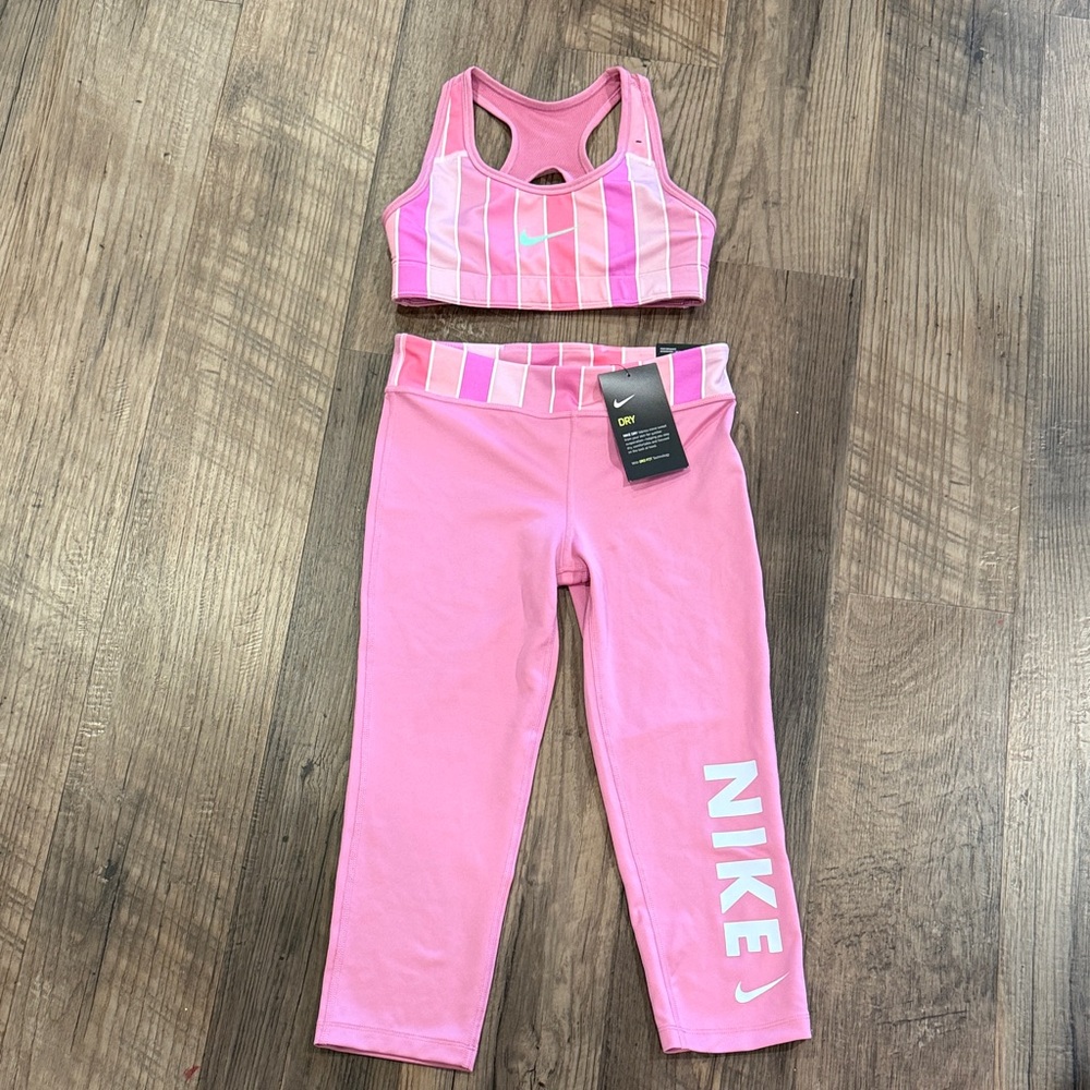 Nike Pink Striped Activewear Set Bra & Capri Girls size Medium